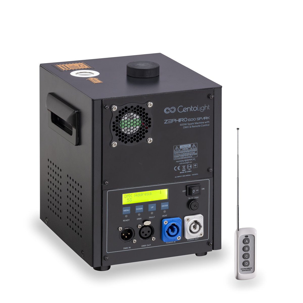 Centolight ZEPHIRO 600 SPARK 600 W DMX ve uzaktan kumandalı soğuk kıvılcım makinesi — görsel 1